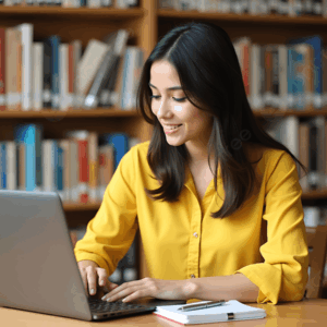 Indian college girl using laptop for digital learning and marketing